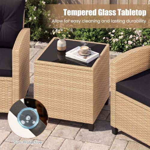 Tangkula 3 Pieces Patio Furniture Set, PE Rattan Wicker 3 Pcs Outdoor Sofa Set w/Washable Cushion and Tempered Glass Tabletop, Conversation Furniture for Garden Poolside Balcony - Image 6