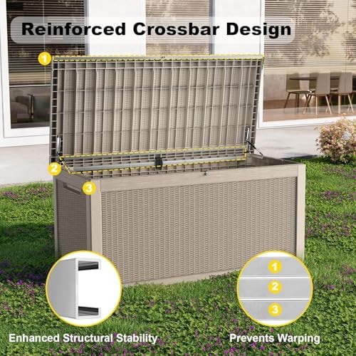 320 Gallon Resin Deck Box, Grey Outdoor Storage Box, Waterproof UV Resistant with Hydraulic Rod & Stable Structure, Great for Patio, Garden and Pool(Gray) - Image 4