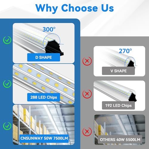 CNSUNWAY 4FT LED Shop Lights, 50W 7500LM D Shape, ETL Listed 2 Pack - Image 4