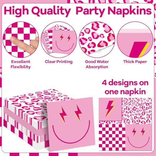 96 Pcs Pink Smile Face Party Decorations: Pink Cheetah Plates and Napkins, Checked Paper Plates, Smile Face Leopard Disposable Tableware for Girls Women Bridal Shower Supplies - Image 4