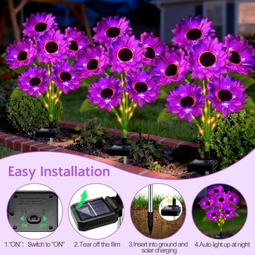 Solar Sunflower Lights Outdoor Garden Decor, 4 Pack Solar Purple Flowers Lights with 24 Sunflowers, Waterproof Fall Decor Stake Decorative Light Auto ON/Off for Garden Yard Patio, Gift for Women - Image 5