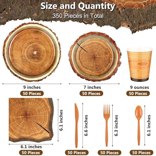 durony 350 Pieces Camping Wood Grain Slice Tableware Set Rustic Camo Hunter Plates Napkins Cups Cutlery Hunting Birthday Party Decorations Lumberjack Dinner Camping Party Decorations Serve 50 Guests - Image 2