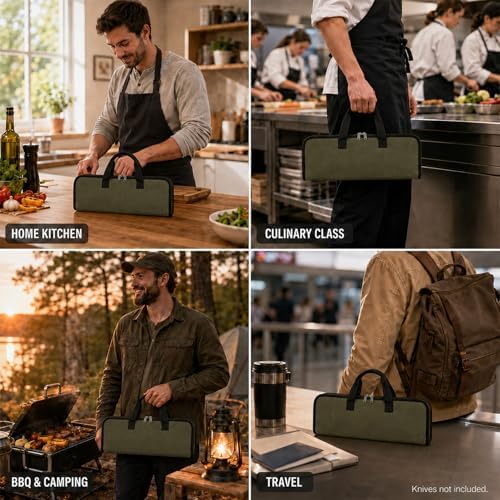 4 Slots Chefs Knife Roll Bag Zipper Waxed Canvas Case Army Green - Image 6