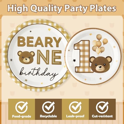 96Pcs Beary One First 1st Year Brown Birthday Party Plates Supplies - Party Tableware Decorations Disposable Paper Plates Napkins Forks for Birthday Gender Reveal Baby Shower, Serves 24 - Image 3