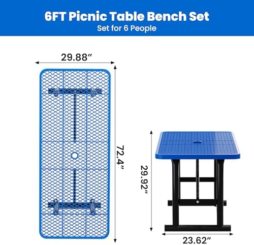 6FT Metal Picnic Tables for Outdoors, Commercial Rectangular Picnic Table for Outside, Park, Campfield, Patio, Garden, Yard, Thermoplastic Coating, Surface Mounted, Blue - Image 3