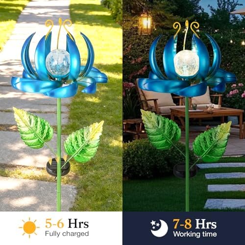 Solar Wind Spinner Lights, Metal Lotus Flower Garden Decor with Crackle Glass Globe, Outdoor LED Solar Stake Light for Yard Patio Lawn Pathway - Image 5