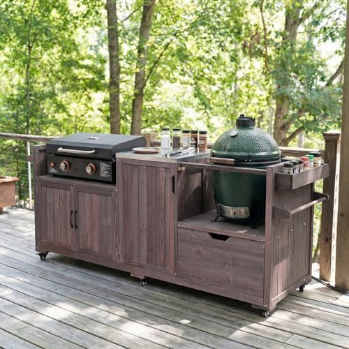 Outdoor Kitchen Island for Big Green Egg Grills, Grill Cart Table with Stainless Steel Top and Blackstone Griddle, Kitchen Storage Table with Cabinets and Drawer for 21"/28" Blackstone Griddle, Brown by JIJIWANG