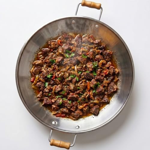 Hakan Stainless Steel Sauté Pan | Frying Pan with Wooden Handles | Barbeque Plate, Wide Shallow Cooking Pan for Stir Fry, Outdoor Cooking BBQ Cookware Pan, Skillet (Large 18.9 in) by HAKAN