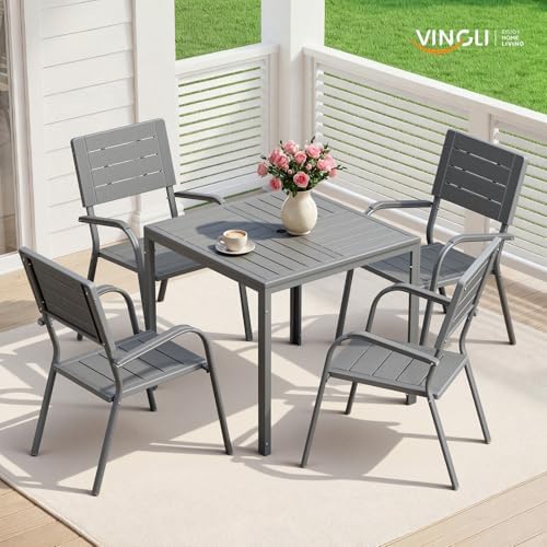 VINGLI Outdoor Patio Dining Chairs, Stackable HDPE All-Weather Arm Chairs, Weatherproof Outdoor Seating for Garden, Backyard, Poolside, Balcony,Grey (4 Pack) - Image 2