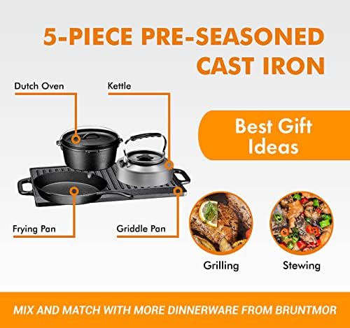Bruntmor Camping Cooking Set Of 5. Pre Seasoned Cast Iron Pots And Pans Cookware/Dutch Oven Sets With Lids For Outdoor Comefire Cooking. Camping Skillet Grill Cookware Skillet Set With Carrying Case - Image 6