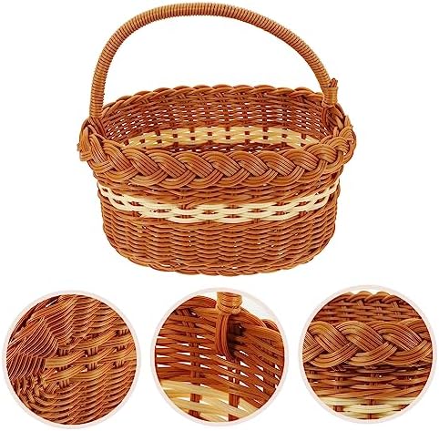 Brown Imitation Rattan Woven Handled Basket for Picnic Food Storage - Image 2