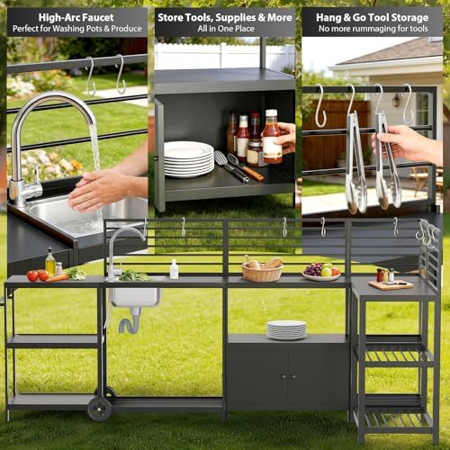 LEVELEVE Modular Outdoor Kitchen Island 5-Piece Set, Aluminum Outdoor Prep Station Grill Cart with Independent Sink, Storage Cabinets & Shelves for Backyard Patio Deck - Image 3
