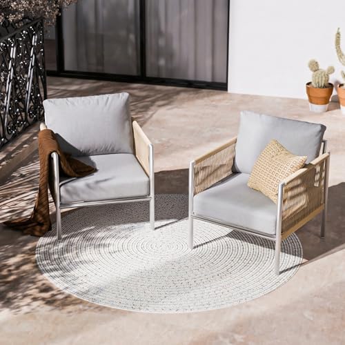 ZANDOR Aluminum Outdoor Patio Furniture 2 Pcs Armchair, All-Weather Metal Modern Outside Furniture with Washable Thick Cushion, HDPE Woven Rope Rattan Bistro Sofa Chair, Garden/Backyard/Porch, Silver by ZANDOR%7CGoodtimesstartoutside