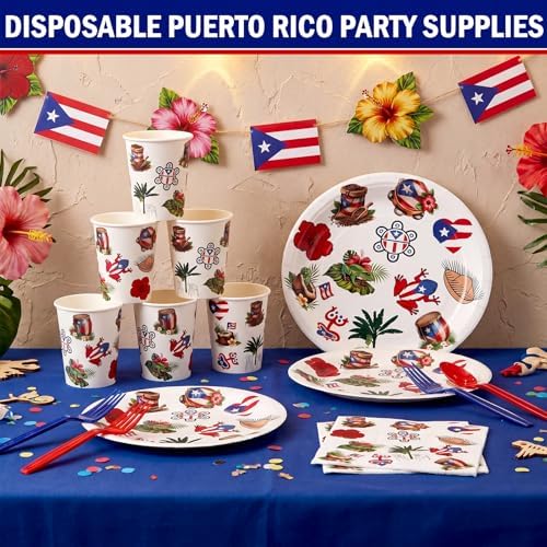 FoldTier 350 Pcs Puerto Rico Party Supplies Disposable Paper Plates Napkins Cups Puerto Rico Theme Birthday Party Decorations Tableware Flag Frog for Holiday Festival Family Friends Serve 50 Guests - Image 3