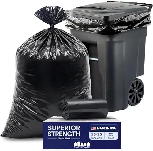 Plasticplace 95-96 Gallon Garbage Can Liners │ 2 Mil │ Black Heavy Duty Trash Bags │ 61” x 68”, 25 Count by Plasticplace