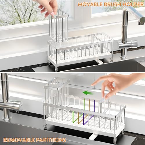 Cisily Sponge Holder for Kitchen Sink, Sink Caddy Organizer with High Brush Holder, Kitchen Countertop Organizers and Storage Essentials, Rustproof 304 Stainless Steel (Large Silver, 10.62″) - Image 5