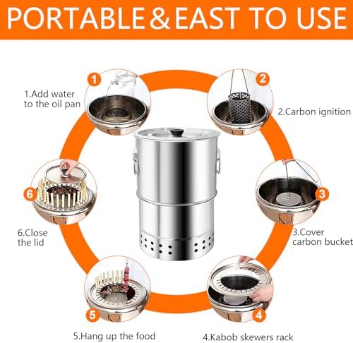 Stainless Smokeless Charcoal Grills Surround Charcoal Barrel Grill 360° Smokeless Outdoor Barbecue Grill for Travel for Travel, Outdoor Cooking and BBQ, Camping Grill Picnic Patio Backyard - Image 5