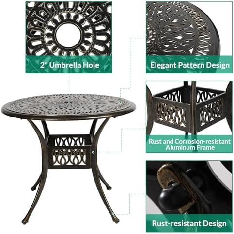 VIVIJASON 5-Piece Patio Furniture Dining Set, All-Weather Cast Aluminum Outdoor Conversation Set, Include 4 Cushioned Chairs and a 35.4" Round Table w/Umbrella Hole, Navy Blue Cushion - Image 3