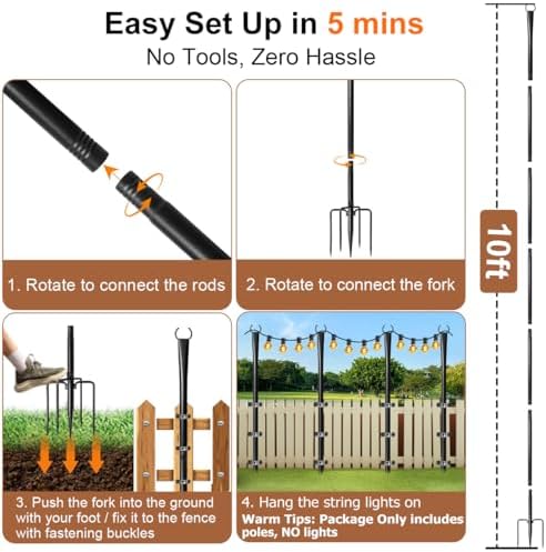4 Pack String Light Poles for Outside, Upgraded Heavy-Duty Metal Light Poles for Outdoor String Lights with Fork, Adjustable Lighting Accessories for Patio Decor Backyard Pergola Garden Decorations - Image 6