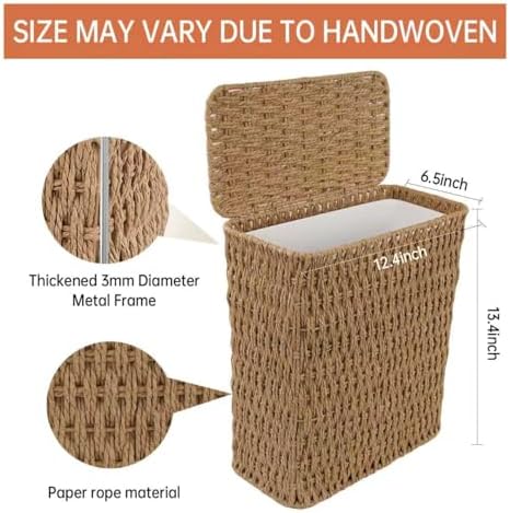 Coeusy 3 Gallon Paper Rope Bathroom Trash Can,Small Wicker Trash Cans with Lid and Liner,Woven Rattan Narrow Waste Basket for Bedroom,Office,Natural - Image 3