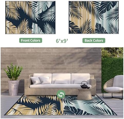 GENIMO Outdoor Rug, Waterproof Plastic Rugs for Patio, 6'x9' Yellow Navy - Image 2