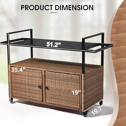 VINGLI Outdoor Storage Cabinet with Wheels, Waterproof Woven Rattan with Double Magnetic Doors, Mobile Multi-Purpose Cabinet for Storage, Buffet Server, Bar Table, Potting Bench (Glass Top) - Image 2