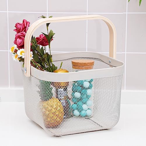 Mesh Steel Storage Organizer Basket Fruit Basket Bin with Wood Handle Ideal for Kitchen Bathroom Picnic Baskets Pantry Cabinets Storage Home Decor (White) - Image 2