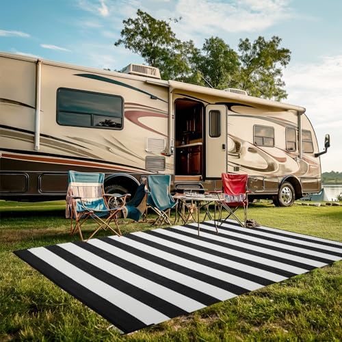Outdoor Rug 9 x12 ft, Plastic Rug for Patio, Black & White - Image 4