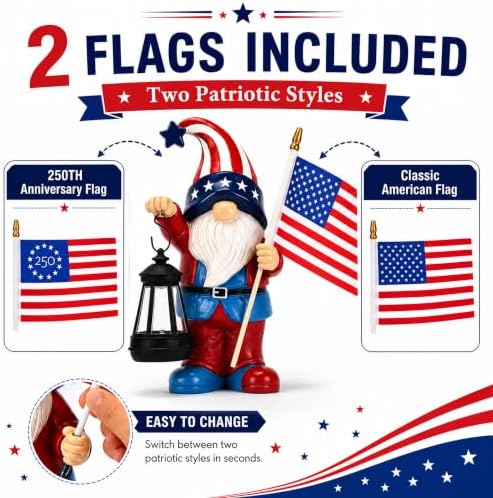 Solar Patriotic Gnome Statue: Outdoor Figurine with Lantern - Image 4