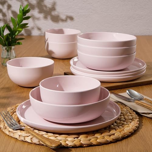 Gibson Home Candy Skies 12 Piece Unbreakable Wheat Straw Melamine Plates and Bowls Dinnerware Set - Outdoor, Camping, & Everyday Use - Matte Exterior/Shiny Interior Pink - Image 4
