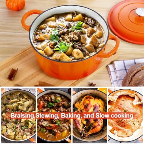 E-far 6 Quart Dutch Oven, Enameled Cast Iron Dutch Oven Pot with Lid, Nonstick Round Cookware for Braising/Stews/Roasting/Bread Baking/Cooking, Heavy Duty, Induction & Oven Safe - Orange - Image 5