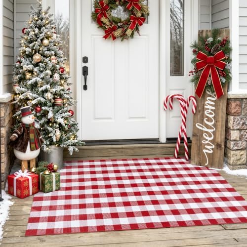 OJIA Christmas Outdoor Rug 3'x5' Red Plaid Front Door Mat Outdoor Porch Rug - Image 6