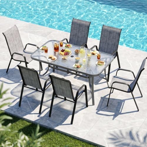 MAMIZO 7 Pieces Patio Dining Set for 6, Glass Table and Textilene Chairs by MAMIZO
