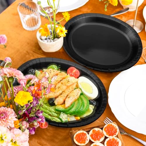 50 Pcs Black Oval Plates Black Paper Plates Disposable Tableware for Party - Image 5