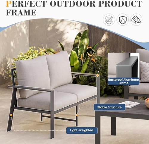 Outdoor Loveseat with Coffee Table Small Furniture Aluminum Patio Love Seat Couch Outdoor Chairs with 4" Cushion Loveseats Sofa for Poolside,Balcony,Deck,Yard - Image 5