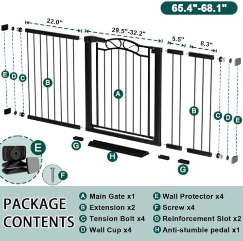 Fairy Baby 65.4"-68.1" Extra Wide Baby Gate with Door, 66 67 68 Inches Walk THR Baby Gates for Stairs Pressure Mounted no Drill, Indoor Tension Metal Child Pet Dog Safety Gate for Kids, Black - Image 2