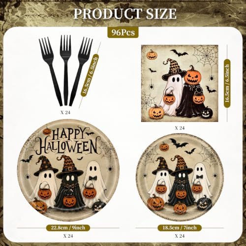 96 Pieces Halloween Tableware Set – Ghost Disposable Plates, Napkins, and Black Forks for Halloween Party, Haunted House, Trick or Treat and Spooky Celebrations – Serves 24 Guests - Image 2