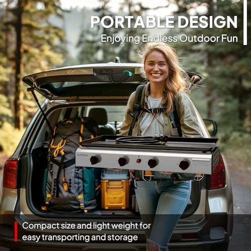 Bonnlo 4 Burner Portable Propane Griddle, 40,000BTU Gas Grill with Enameled Tray, Rolling Flat Top Gas Grill with Electronic Ignition & Regulator for Outdoor Camping Cooking BBQ - Image 5