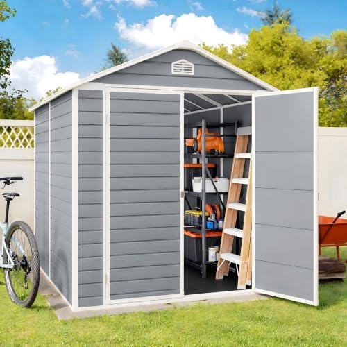 Gizoon 8x6 FT Outdoor Plastic Shed, Resin with Floor, Lockable Doors, Gray - Image 2