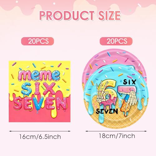 6 7 Birthday Decorations,40Pcs Colorful Donut Ice Cream Theme Six Seven Tableware,Disposable Paper Plates and Napkins Set for Kids Teens Meme Lovers Viral Six Seven Birthday Party Supplies,Serve 20 - Image 2