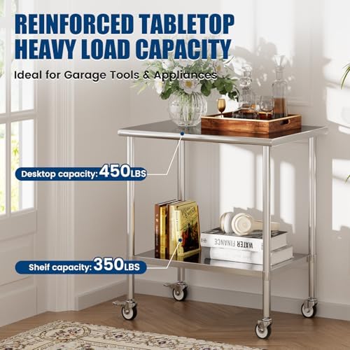 Stainless Steel Work Table with Wheels, 24x36 Inch NSF Kitchen Prep Table with Adjustable Undershelf for Commercial Restaurant, Garage, Outdoor BBQ - Image 2