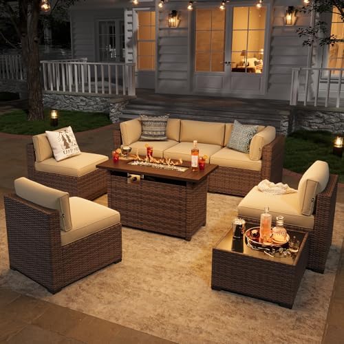 Aoxun Patio Furniture Sets, 8-Piece Outdoor Patio Furniture with 44'' Propane Gas Firepit Table, Wicker Outdoor Conversation Set Sectional Sofa for Backyard, Poolside, Garden (Black Cushion) - Image 3