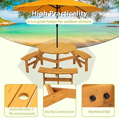 35.43'' Round Outdoor Dining Table Wooden Patio Dining Table & 3 Curved Built-in Bench for 6, 2" Umbrella Hole, Suitable for Backyard Garden Porch, Natural - Image 3