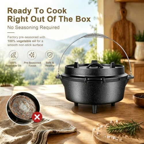 Joyfair Pre-seasoned Cast Iron Camp Dutch Oven, 7.6QT Pot & 2QT Skillet Lid - Image 6