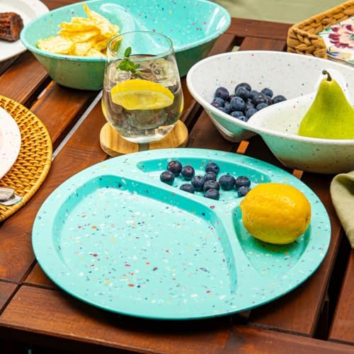 bzyoo 11-Inch Divided Plates Set of 2, 100% Melamine Portion Control Plates for Adults & Kids, Modern Confetti Pattern, BPA-Free & Dishwasher Safe, Ideal for Camping, RV, and Daily Use (Green) - Image 3