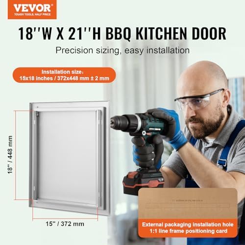 VEVOR Outdoor BBQ Kitchen Door, 18W x 21H Inch Stainless Steel Flush Mount Vertical Door with Recessed Handle, for BBQ Island, Grilling Station, Outside Cabinet - Image 2