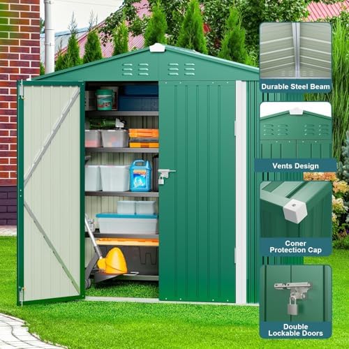 Gizoon 6 x 4 FT Outdoor Storage Shed, Metal Garden Shed, Green - Image 6
