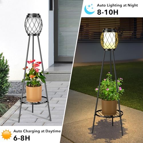MXwcy 2-in-1 Solar Lights Outdoor with Plant Stand, Waterproof Vintage Solar Floor Lamp & Metal Planter Holder, Tall Geometric Lantern Tripod for Patio, Garden, Yard, Porch Decor (2 Pack) - Image 2