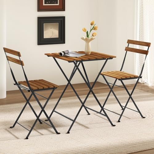 GIANTEX 3-Piece Acacia Wood Bistro Set, Patio Bistro Table with 2 Folding Chairs, Slatted Seat & Tabletop, Metal Frame, Outdoor Furniture Set for Backyard, Porch, Garden, Poolside (Black + Brown) - Image 3