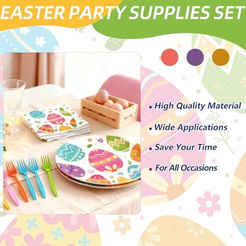 100 Pcs Easter Egg Tableware Party Supplies Set, Serves 25 – Disposable Colorful Eggs Paper Plates, Napkins, and Forks for Spring Celebration, Easter Day Egg Hunt, or Holiday Brunch Decorations - Image 5